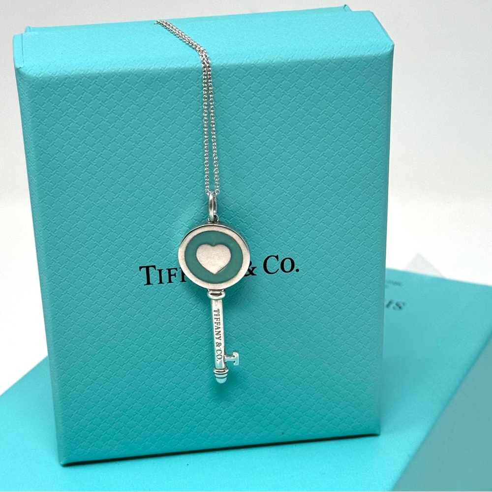 Authentic Tiffany & co. Enamel Blue Heart Key Pendant Necklace. - Picture 8 of 11